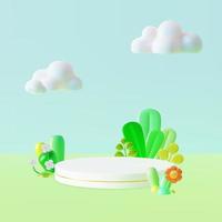 3d Scene with Round Podium Platform Round Stage Product with Flowers and Trees Plasticine Cartoon Style for Promotion, Marketing and Advertising. Vector illustration