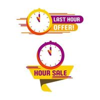 Sales countdown banner with a symbol of a clock and a modern yellow ribbon that says hour sale. Bright red, purple and yellow colored banners vector