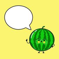 Cute funny watermelon with speech bubble. Vector hand drawn cartoon kawaii character illustration icon. Isolated on yellow background. Watermelon character concept