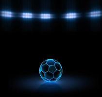 Soccer ball with bright blue glowing neon lines on a black background under stadium lights. 3d render photo