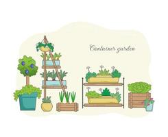 Vector image of vegetables growing in containers, natural vegetable garden, vegetarian products.