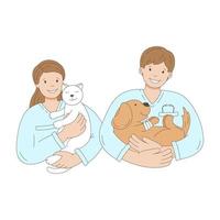 Man and woman, veterinarians holding animals, cat and dog. Animal Aid. vector