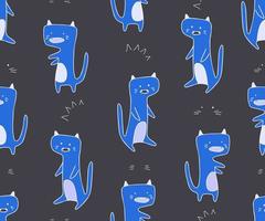 Seamless pattern with blue cats monsters in doodle style. Vector drawing.