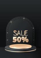 Black 3d background product display podium scene with golden geometric platform. Stand to show cosmetic product. Realistic stage showcase on pedestal display backdrop. Premium studio, sale banner vector