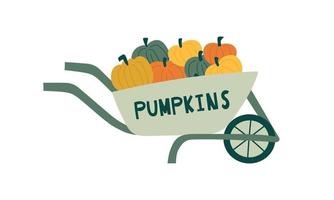 Hand draw wheelbarrow with pumpkins. Agricultural concept.  Flat cartoon vector illustration.