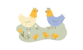 pollos con polluelos en el césped. linda pollos con su bebé. plano dibujos animados vector ilustración.