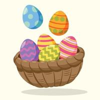 Colourful Easter Egg in Basket Vector Illustration. Easter Greeting Gift. Colour Painted Egg
