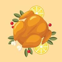 Top View Roasted Turkey Vector Illustration with Lemon Sliced, Berry and Rosemary for Thanks Giving and Halloween Celebration. Roasted Bird. Roasted Chicken.