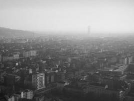 Aerial view of Turin with smog in black and white photo