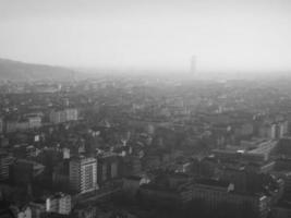 Aerial view of Turin with smog in black and white photo