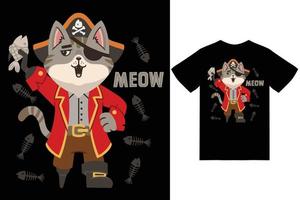 Cute cat pirate illustration with tshirt design premium vector