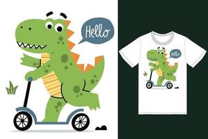 Cute dino riding scooter illustration with tshirt design premium vector