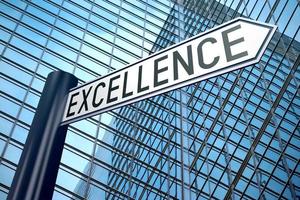 Excellence - Signpost With One Arrow, Modern Office Building in Background photo