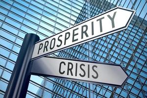 Crisis and Prosperity - Signpost With Two Arrows, Office Building in Background photo