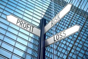 Profit, Risk, Loss - Signpost With Three Arrows, Office Building in Background photo