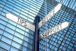 Tips, Advice, Support - Signpost With Three Arrows, Office Building in Background photo