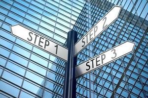 Steps, Progress Concept - Signpost With Three Arrows, Office Building in Background photo