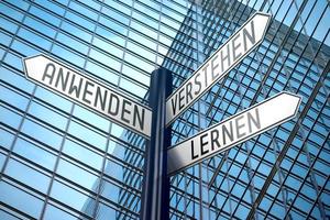 Anwenden, Verstehen, Lernen in German, Use, Understand, Learn in English - Signpost With Three Arrows, Office Building in Background photo