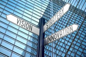 Vision, Strategy, Innovation - Signpost With Three Arrows, Office Building in Background photo