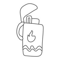 Open lighter decorated with flame. Hand drawn vector illustration in doodle style on white background. Isolated black outline. Camping equipment.