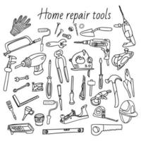 Big set of home repair tools in doodle style. There are hand and electrical tools, wall painting and woodwork tools, different screwdrivers, drills, hammers, bolts, nails and nuts, measuring tools. vector