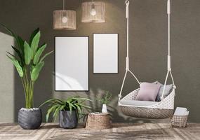 Mock up poster frame in bohemian  interior fully furnished rooms photo