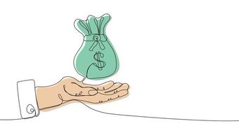 Continuous one line drawing of hand holding money bag with dollar vector