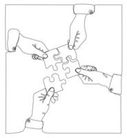 Continuous one line drawing of hands Combining  Puzzle Pieces vector
