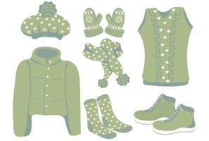 Set of green knitted winter clothes and outerwear. Knitted winter scarf, hat, mittens, socks, boots, vest and jacket vector