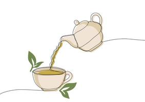 Cup of green tea. Tea pot and tea leaves vector