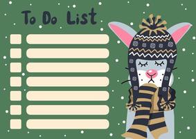 To do list template with cartoon bunny in knitted hat and scarf on snowfall background vector