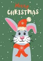 Merry Christmas. Holiday card with cute cartoon rabbit and slogan. Bunny in santa hat and scarf on snowfall background vector