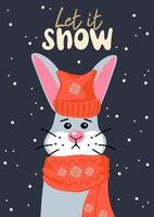 Let it snow. Holiday card with cute cartoon rabbit and slogan vector