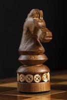 Chess wooden figure black horse. A puzzle game with tricky combinations that requires planning and thinking. photo