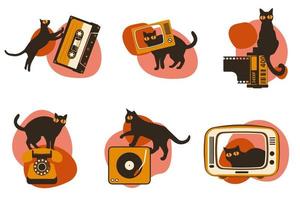 Set vector silhouettes of the cat with retro media icon, different poses on white background, Cute and funny vector.