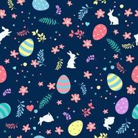 Cute hand drawn Easter seamless pattern with bunnies, flowers, Easter eggs, beautiful background, great for Easter Cards, banner, textiles, wallpapers. vector