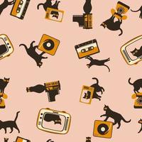 Seamless pattern silhouettes of the cat with retro media icon, different poses on color background, Cute and funny vector. vector