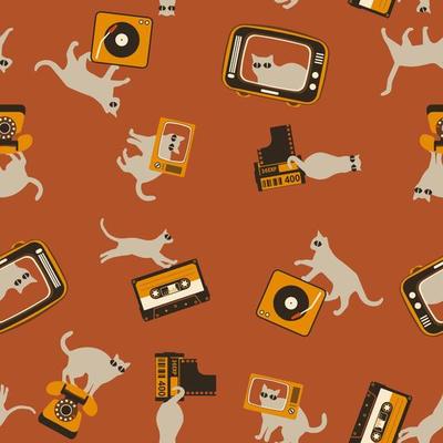 Seamless pattern silhouettes of the cat with retro media icon, different poses on color background, Cute and funny vector.