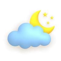 Cloud, moon, stars. Cute weather realistic icon. 3d cartoon. vector