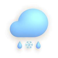 3d realistic weather icon snow with rain. Cloud, drops and snowflake. vector