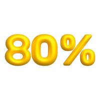 Sale 3D icon. Golden glossy 80 percent discount vector sign. 3d vector realistic design element.