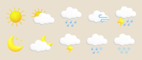 Sun, moon, star, lightning, cloud, rain, snow, wind, thunderstorm. Cute 3d cartoon weather icons set. vector