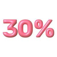 Sale 3D icon. Pink glossy 30 percent discount vector sign. 3d vector realistic design element.