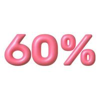 Sale 3D icon. Pink glossy 60 percent discount vector sign. 3d vector realistic design element.