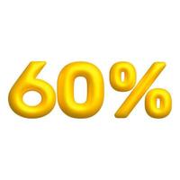 Sale 3D icon. Golden glossy 60 percent discount vector sign. 3d vector realistic design element.