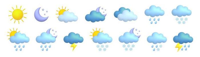 Cute 3d cartoon weather icons big set. Sun, moon, rainbow, lightning, cloud, rain, snow, wind, thunderstorm. vector