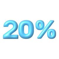 Number 3D icon. Blue glossy 20 percent discount vector sign. 3d vector realistic design element.