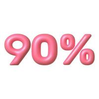 Sale 3D icon. Pink glossy 90 percent discount vector sign. 3d vector realistic design element.