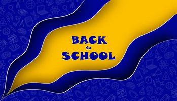 Back to school. Blue wavy paper forms on yellow background with school elements doodle pattern. vector