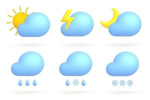 3d cartoon weather icons set. Sun, moon, lightning, clouds, rain, snow. vector